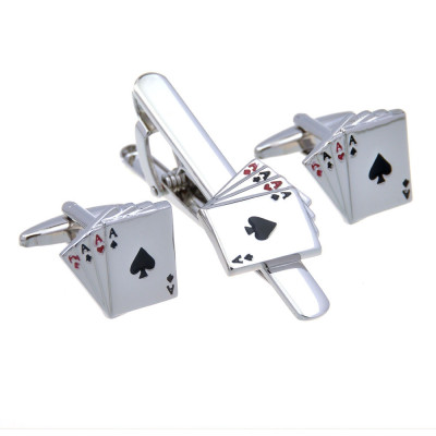 Silver Aces Poker Game Cufflinks and Tie Clip Gift set