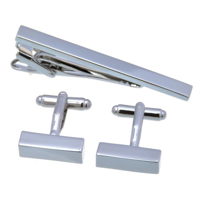 Personalized Classic Silver Cufflinks and Tie Bar Set