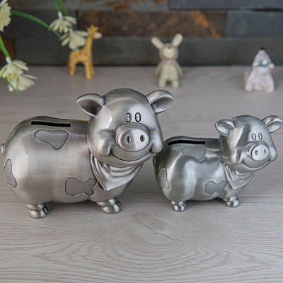 Engravable Pewter Piggy Banks - Alloy Metal Coin Banks with Cute Piglet Design