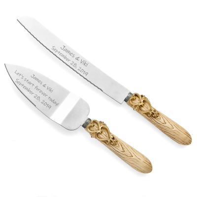 Personalized Rustic Wedding Cake Knife Set, Country Wedding Cake Serving Set Customized, Resin Wood Grain, Antique Gold Two Hearts, 50th Wedding Keepsake