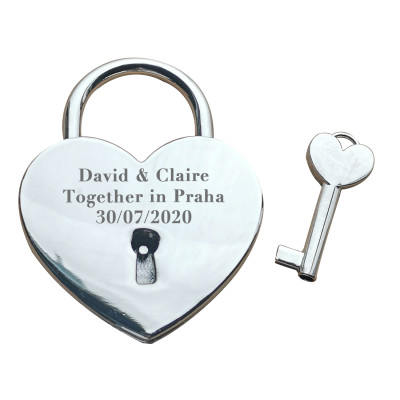 Silver Love Heart Personalized Locked in Love Padlock (Large - 58mm) / Custom Engraved Keepsake Lock.