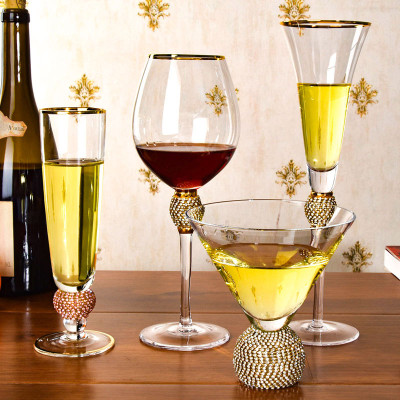 Rhinestone Gold Rim Design Wine Glass