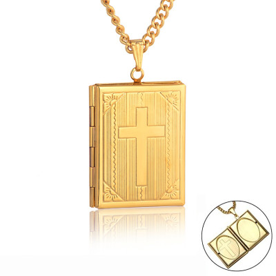 Holy Bible Cross Photo Locket Remembrance Pendant Necklace