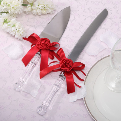 Bold Red Engraved Bridal Cake Server and Knife Set