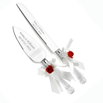 Engraved Faux Crystal Cake Knife and Server Set for Birthday, Anniversary, Wedding Keepsake