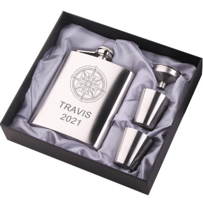 Personalized Silver Compass Hip Flask Gift Set