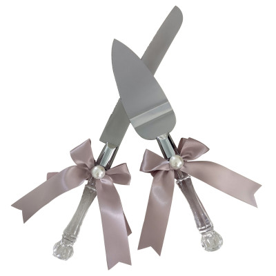 Personalized Wedding Cake Serving Set Cake Server and Knife - Light Brown Bow Knot