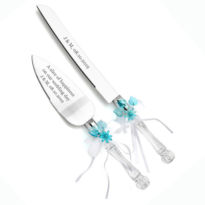 Turquoise Leaves Personalized Cake Knife Server Set