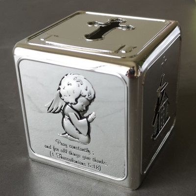 Silver-Plated Baby Block Coin Bank Christening Keepsake Gift, Raised Religious Symbols and Inspirational Bible Verses on Four Sides