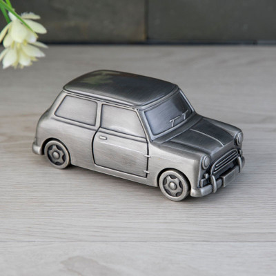 Engraved Mini Car Coin Bank for Boys - Vintage Pewter Piggy Bank with Engravable Top - Keepsake Gift for Kids​​