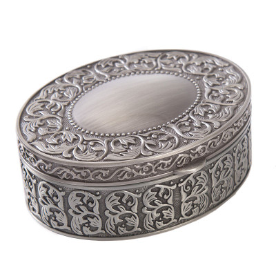 Engraved Floral Scroll Accented Victorian Oval Shaped Antique Silver Storage Box