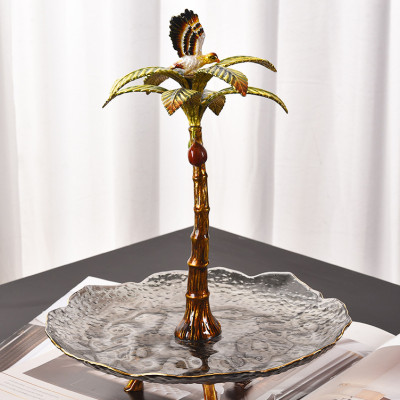 Metal Palm Tree Branch Décor with Crystal Glass Tray