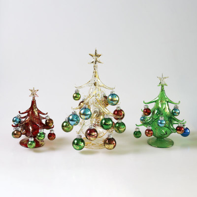 3 Piece Set Art Glass Pine Christmas Tree
