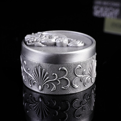 Maria Holding Baby Jesus Round Pewter Rosary Box
