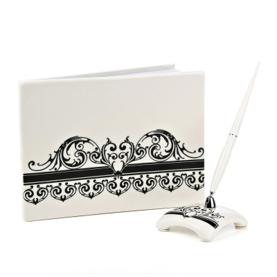 Ceramic Damask Guest Book and Pen Set