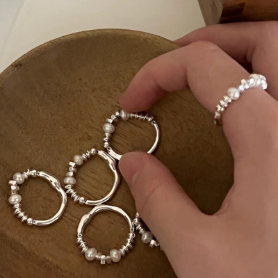 Beaded Elegance - Irregular Silver-Toned Pearls and Beads Fashion Ring Band