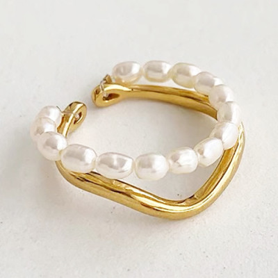 Golden Sunlight: Asymmetrical Stacked Pearls and Gold Open Ring