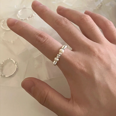 Beaded Elegance - Irregular Silver-Toned Pearls and Beads Fashion Ring Band