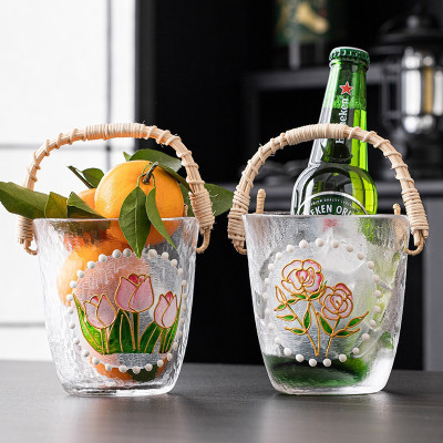 A Floral Symphony on Glass - Hand-painted Basket with Rattan Handles