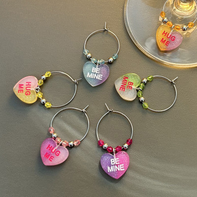 Love Wine Glass Charm Drink Markers Set of 6 Unique Valentines Party Favors