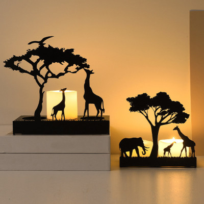 Black Metal Giraffe and Elephant Candle Holders - Wildlife Home Decor Sculpture