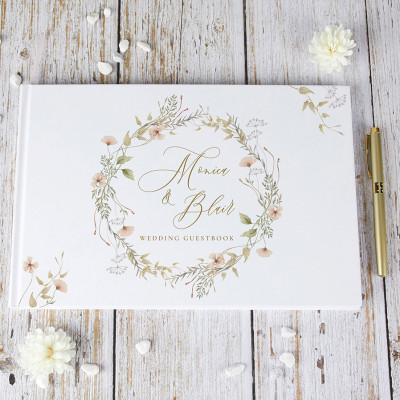 Personalized Wedding Guestbook with White Cover and Floral Print
