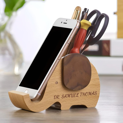 Engraved Wooden Elephant Phone Stand and Pencil Holder Desk Organizer