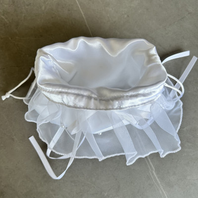 Charming White Satin Wedding Money Bag with Pearls and Ruffle – 17cm x 20.5cm – Ideal for Bride's Gift Envelopes and Keepsakes