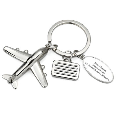 10 Pack Personalized Airplane & Suitcase Keychain w/ Engravable Oval Tag - Travel gift for Adventurer