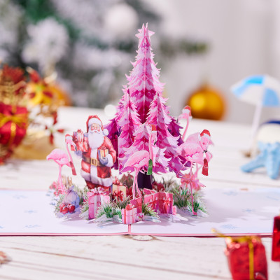 3D Pop-Up Christmas Card with Pink Flamingo and Tree