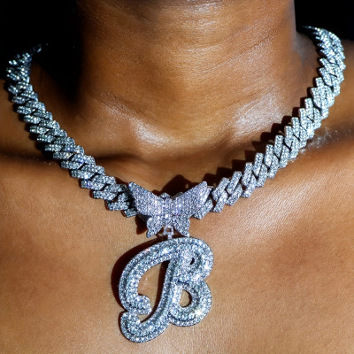 Personalized Iced Out Cuban Chain with Initial - Butterfly Pendant, Hip Hop Jewelry