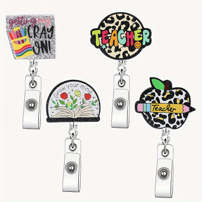 4-Pack Teacher Badge Reels - Colorful and Fun Retractable ID Badge Holders