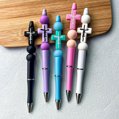 5-Pack Jesus Cross Color Ballpoint Pen Gift, Silicone Beads, Twist Mechanism
