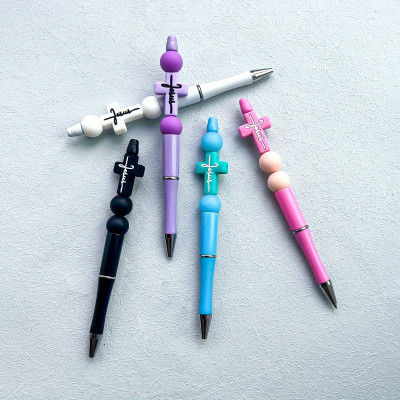 5-Pack Jesus Cross Color Ballpoint Pen Gift, Silicone Beads, Twist Mechanism