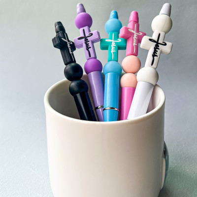 5-Pack Jesus Cross Color Ballpoint Pen Gift, Silicone Beads, Twist Mechanism