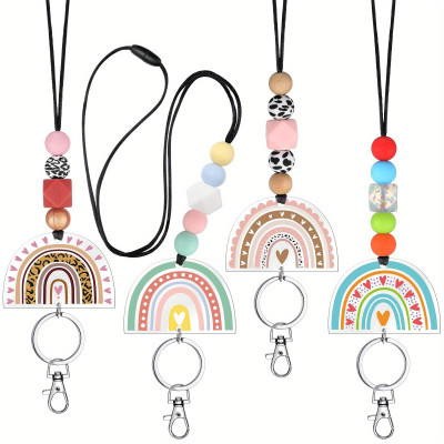 4-Pack Rainbow Beaded Lanyards with ID Badge Holder - Teacher, Nurse, Student Gifts