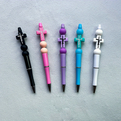 5-Pack Jesus Cross Color Ballpoint Pen Gift, Silicone Beads, Twist Mechanism
