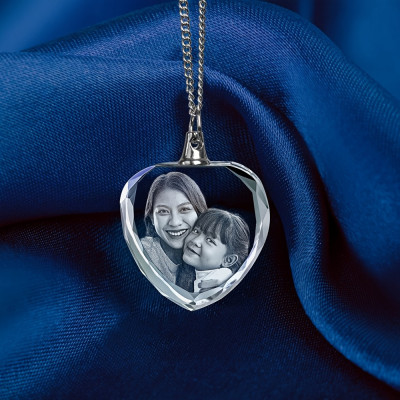 Custom Engraved Crystal Heart Pendant Necklace - Personalized Photo Jewelry