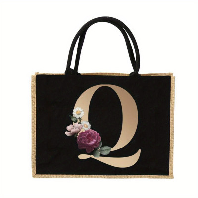 Personalized Floral Letter Tote Bag - Burlap, Customizable, Reusable