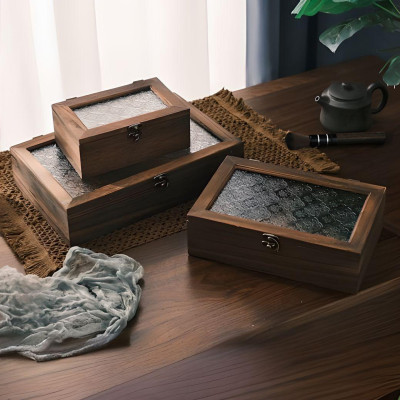 Vintage Wooden Storage Boxes with Glass Lids