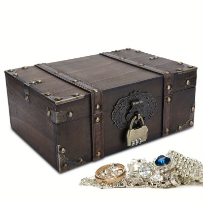Vintage Wooden Treasure Chest with Lock - Decorative Storage Box for Jewelry & Keepsakes