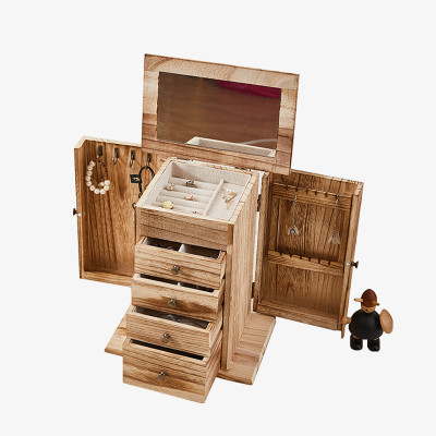 Rustic Wooden Jewelry Organizer with Mirror and Drawers - Perfect for Storing Necklaces, Earrings, and Rings