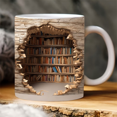 ​3D Bookshelf Mug - Unique Coffee Mug for Book Lovers