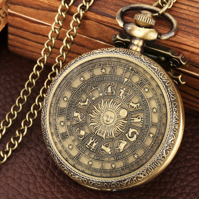Vintage Bronze Zodiac Pocket Watch - Celestial Timepiece