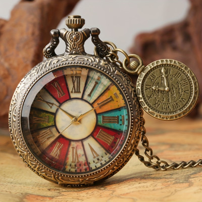 Engravable Vintage Roman Numeral Dial Pocket Watch with Colorful Accents