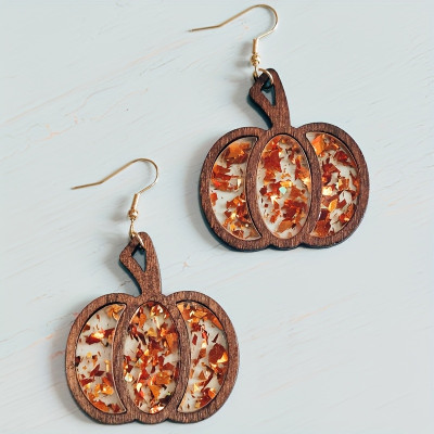 ​Fall Pumpkin Earrings - Handmade Wooden Earrings with Glitter