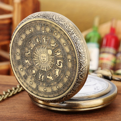 Vintage Bronze Zodiac Pocket Watch - Celestial Timepiece