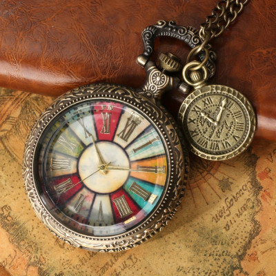 Engravable Vintage Roman Numeral Dial Pocket Watch with Colorful Accents