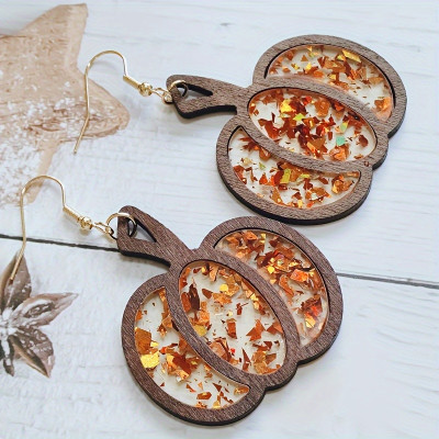 ​Fall Pumpkin Earrings - Handmade Wooden Earrings with Glitter