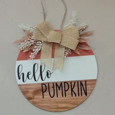​Hello Pumpkin Wooden Door Hanger - Fall Door Decor with Bow & Foliage